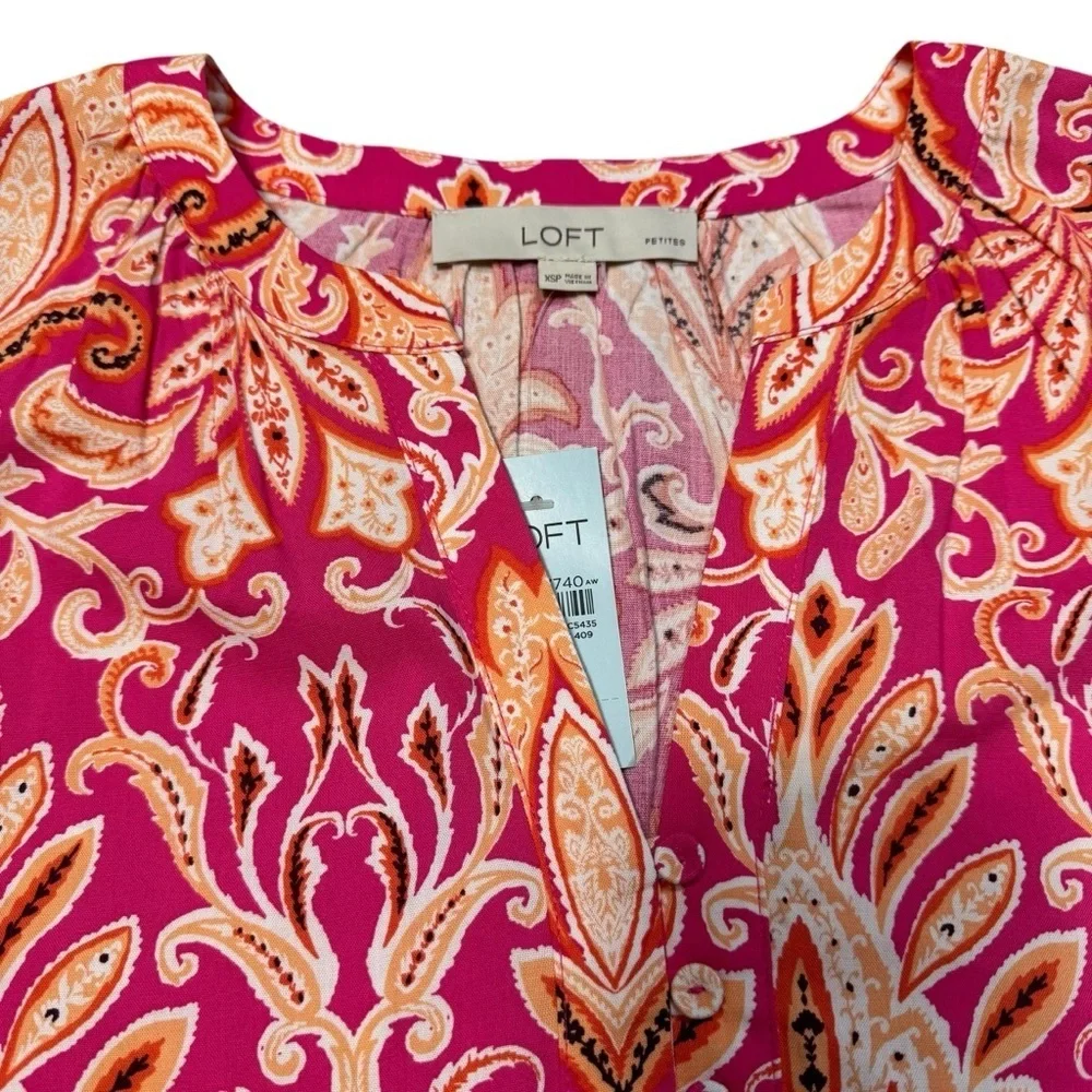 NWT New LOFT Paisley Smocked Cuff V-Neck Cotton Blend Blouse Size XS